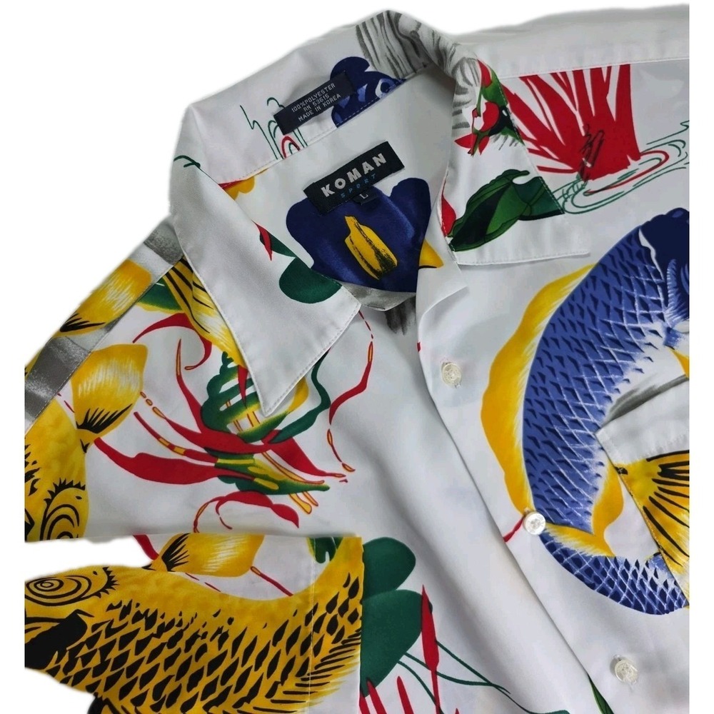 Koman Sport Shirt‎ WHITE Multi Hawaiian Fish Design Short Sleeve LARGE